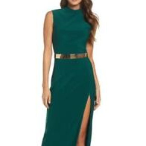 MAC DUGGAL BELTED MOCK NECK EMERALD GREEN SHEATH GOWN sz 2